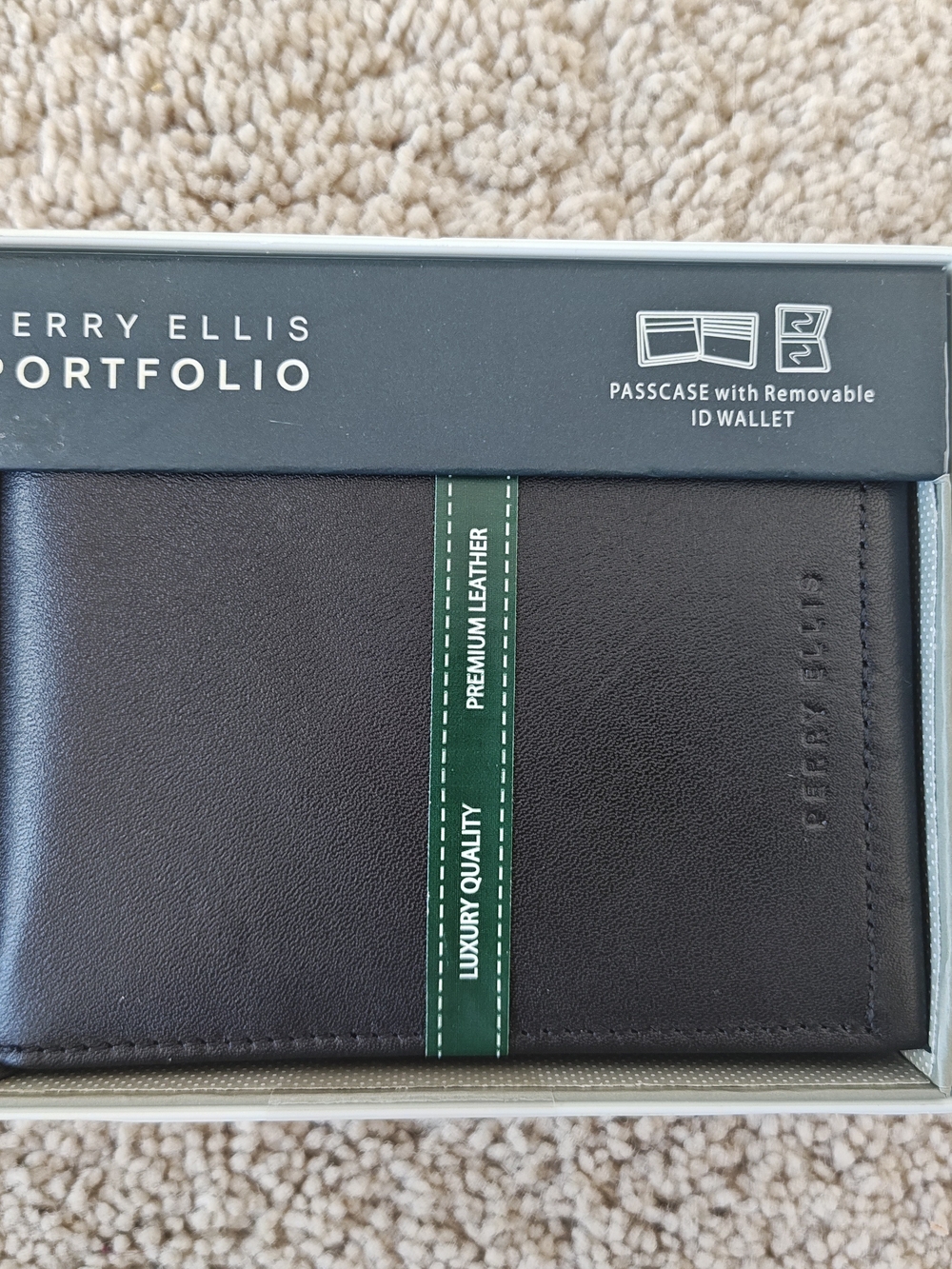 Perry Ellis Black Leather Passcase with Green Accent